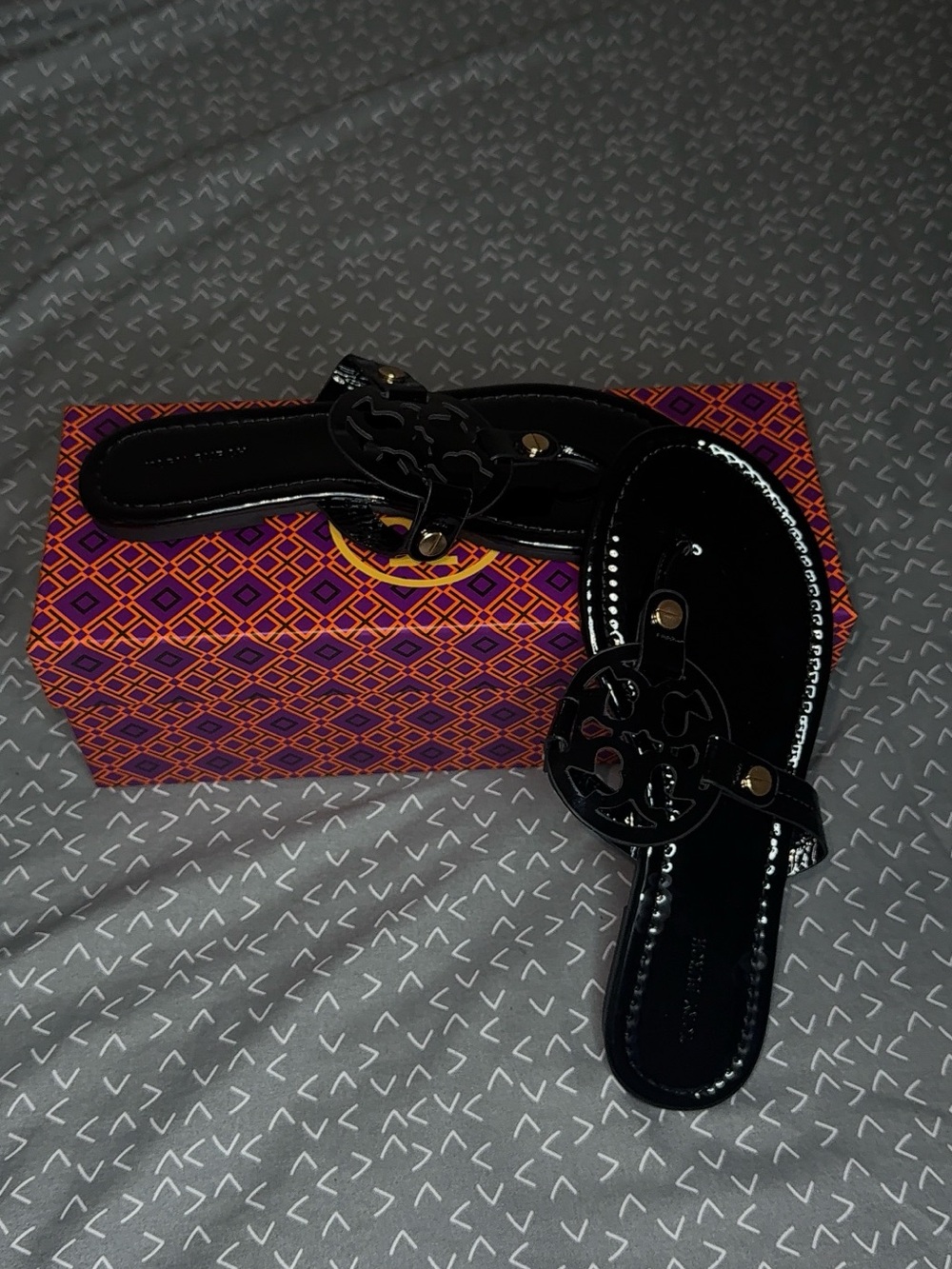 Tory Burch Black Patent Leather Logo Thong Sandals